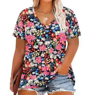 Women Casual Plus Size Printed V-Neck Short-Sleeve T-Shirt - Image 32