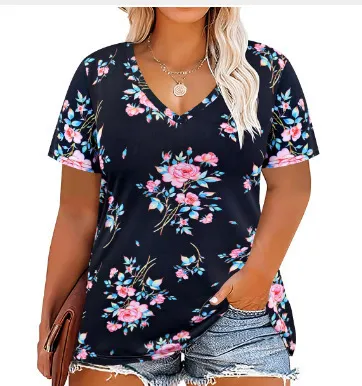 Women Casual Plus Size Printed V-Neck Short-Sleeve T-Shirt - Image 34