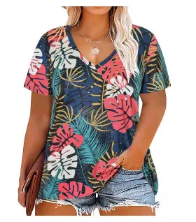 Women Casual Plus Size Printed V-Neck Short-Sleeve T-Shirt - Image 38