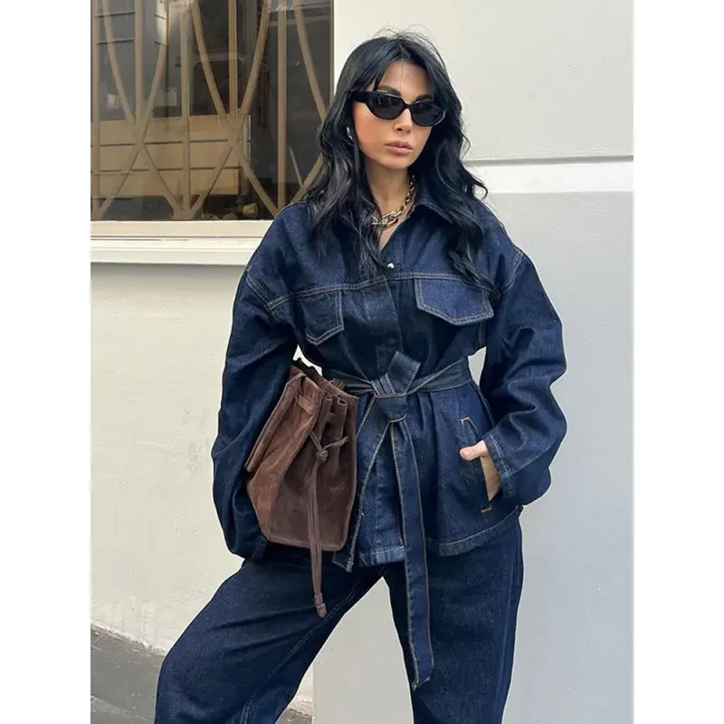 Women Fashion Casual Denim Lapel Long-Sleeve Lace-Up Coat Loose Jeans Two-Piece Set - Image 3