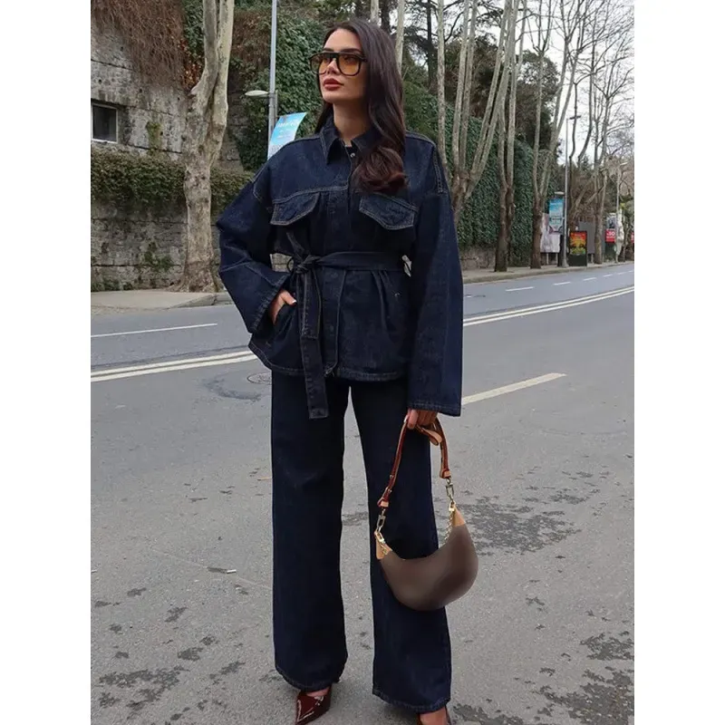 Women Fashion Casual Denim Lapel Long-Sleeve Lace-Up Coat Loose Jeans Two-Piece Set - Image 5