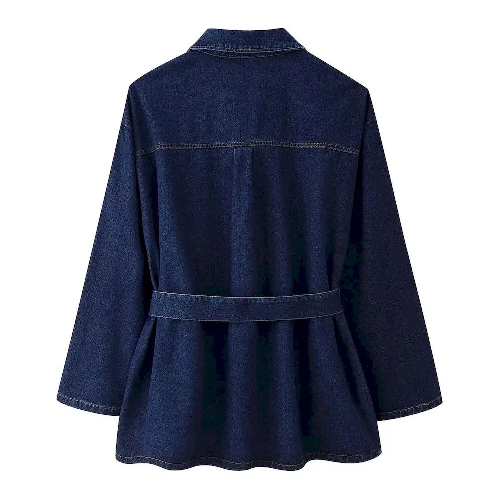 Women Fashion Casual Denim Lapel Long Sleeve Coat High Waist Jeans Two-Piece Set - Image 4