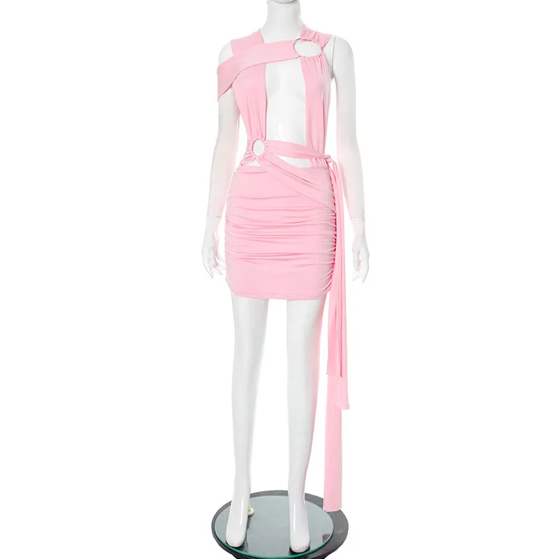Women Fashion Sexy Solid Color Irregular Ring Hollow-Out Cross Sleeveless Tight Dress - Image 5