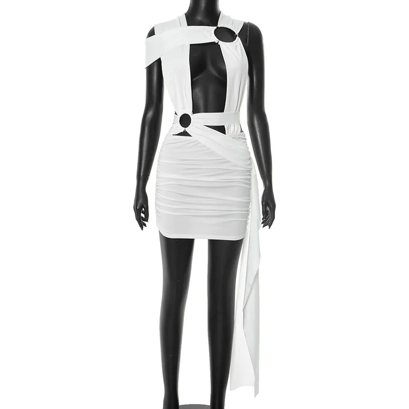 Women Fashion Sexy Solid Color Irregular Ring Hollow-Out Cross Sleeveless Tight Dress - Image 6