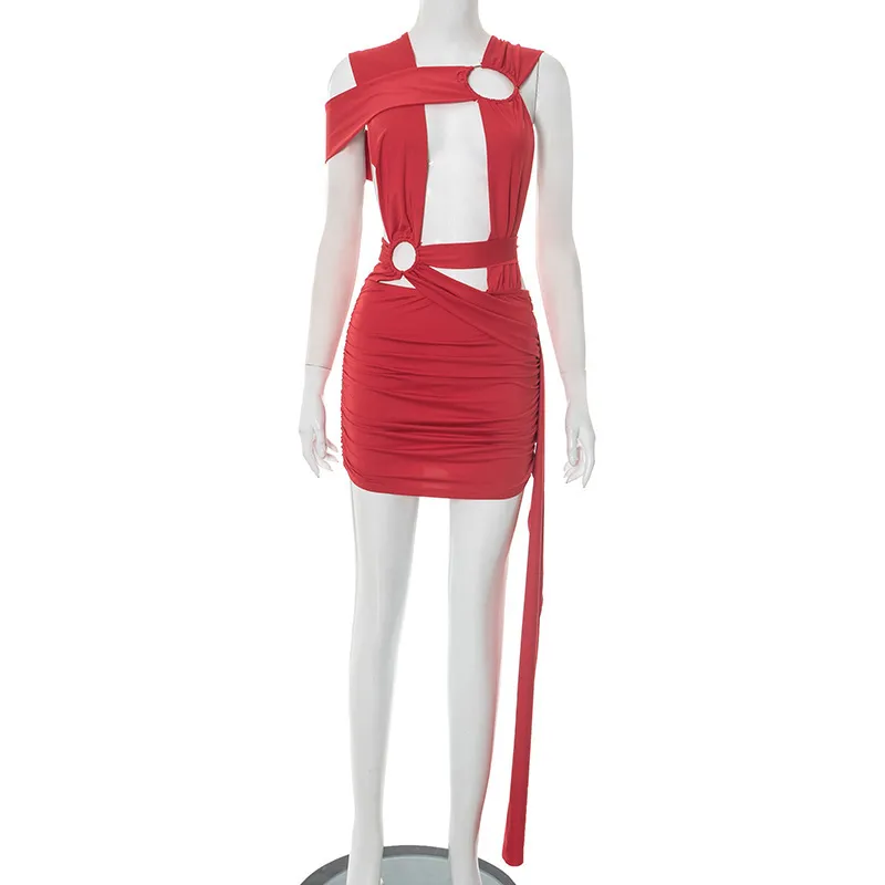 Women Fashion Sexy Solid Color Irregular Ring Hollow-Out Cross Sleeveless Tight Dress - Image 7