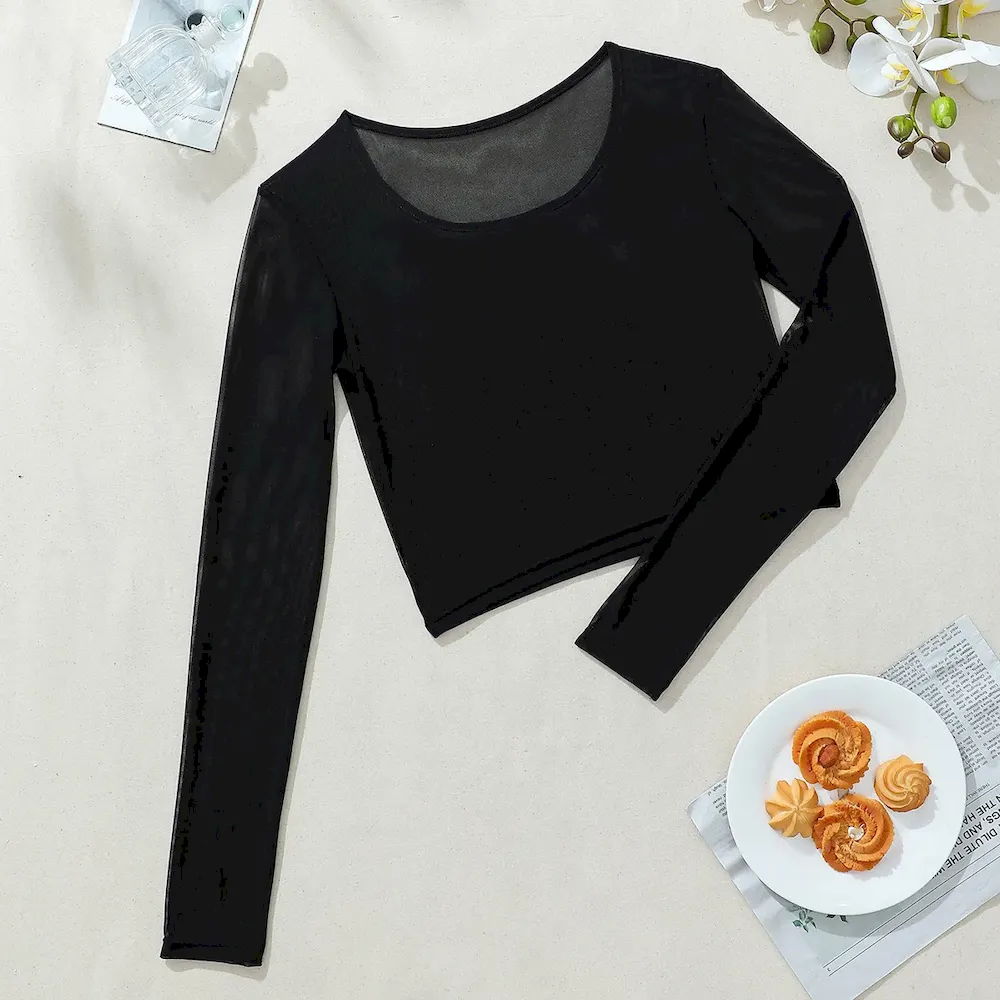 Women Sexy See-Through Slim-Fit Long-Sleeved Mesh Crop Top - Image 6