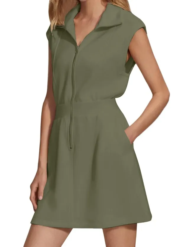 Women Fashion Casual Solid Color Lapel Zipper Pocket Sleeveless Dress - Image 10