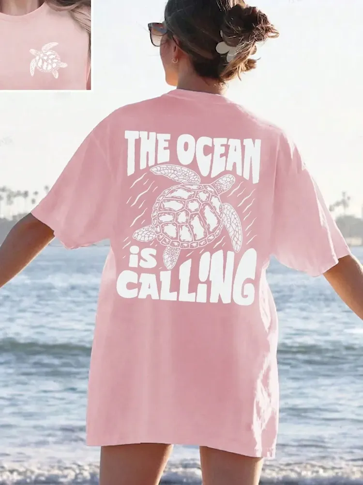 Women Fashion Casual Letter And Turtle Printed Round Neck Short-Sleeve T-Shirt - Image 8