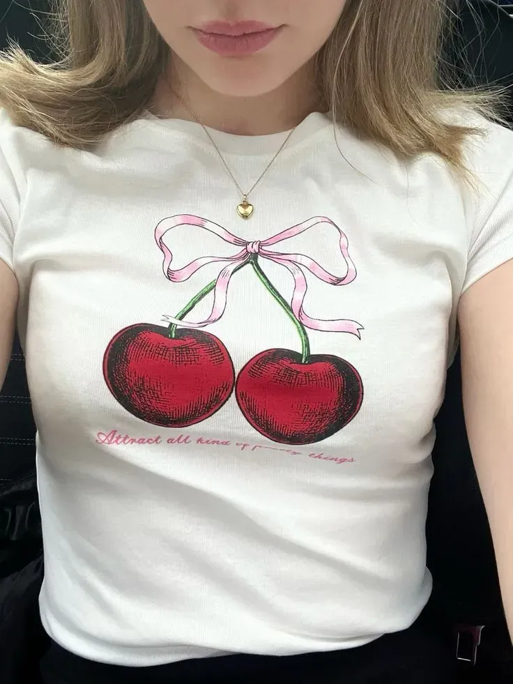 Women Fashion Casual Cherry Printed Round-Neck Short-Sleeve T-Shirt - Image 6