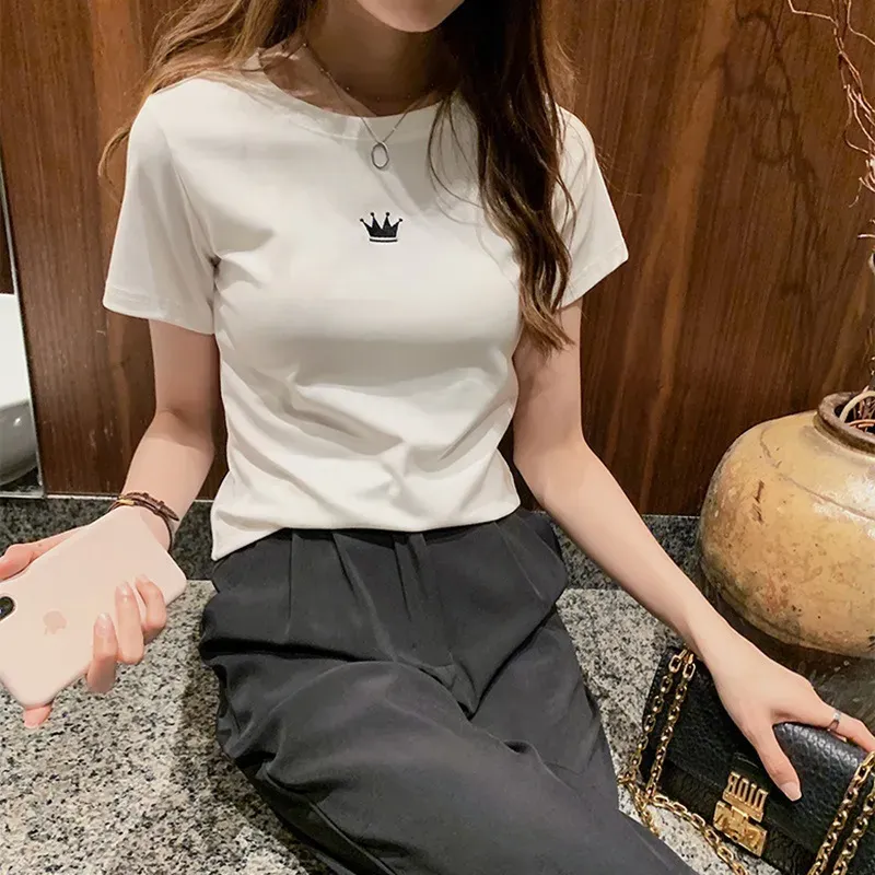 Women Fashion Casual Solid Color Embroidered Round Neck Short-Sleeve Slim-Fit T-Shirt - Image 3