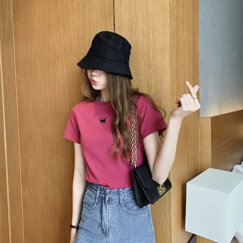 Women Fashion Casual Solid Color Embroidered Round Neck Short-Sleeve Slim-Fit T-Shirt - Image 4