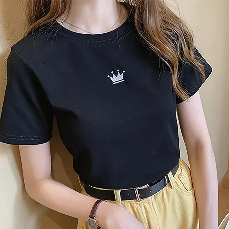Women Fashion Casual Solid Color Embroidered Round Neck Short-Sleeve Slim-Fit T-Shirt - Image 6