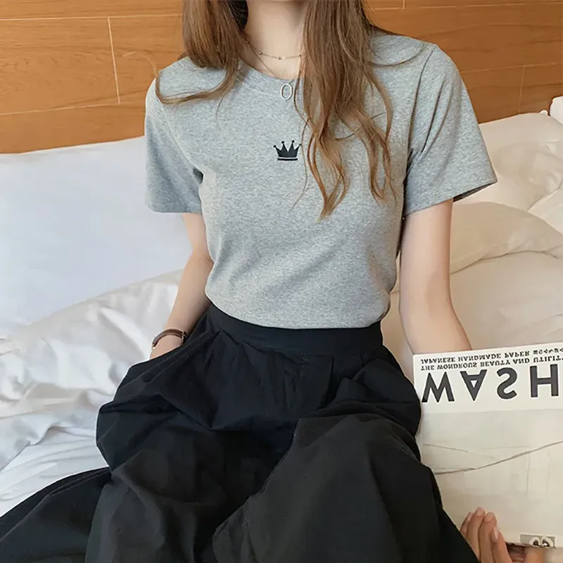 Women Fashion Casual Solid Color Embroidered Round Neck Short-Sleeve Slim-Fit T-Shirt - Image 7