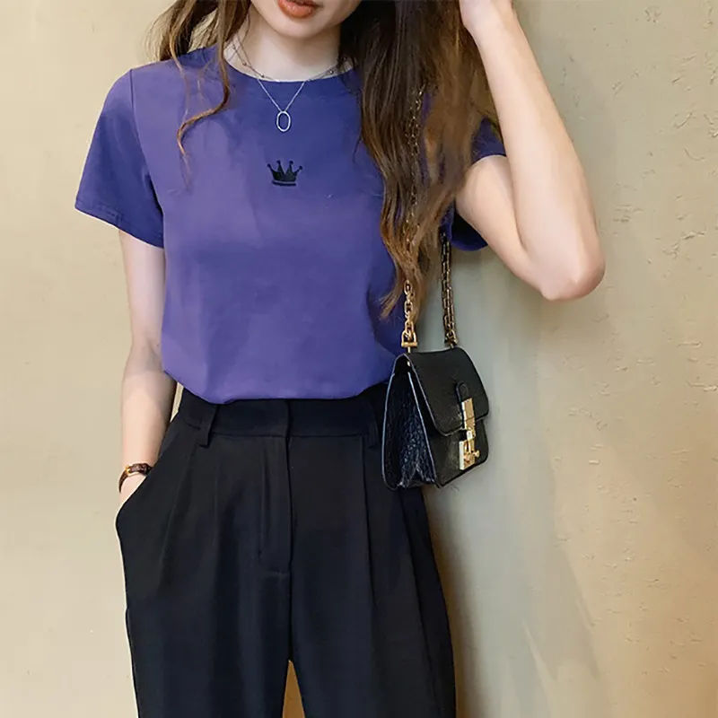 Women Fashion Casual Solid Color Embroidered Round Neck Short-Sleeve Slim-Fit T-Shirt - Image 8
