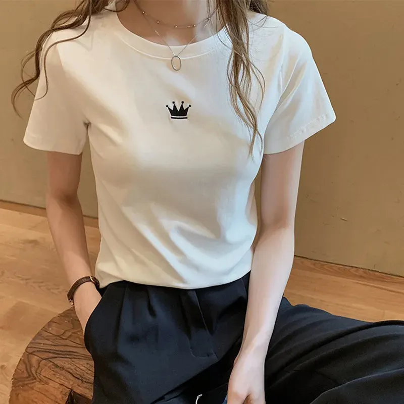 Women Fashion Casual Solid Color Embroidered Round Neck Short-Sleeve Slim-Fit T-Shirt - Image 9