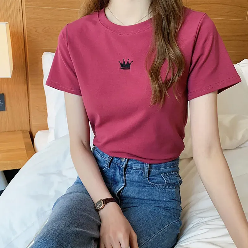 Women Fashion Casual Solid Color Embroidered Round Neck Short-Sleeve Slim-Fit T-Shirt - Image 10