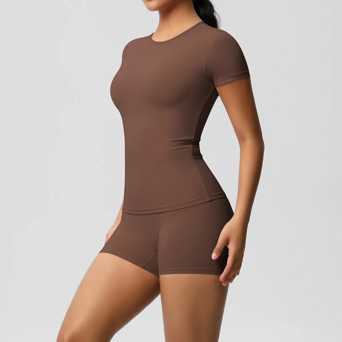 Women Fashion Casual Solid Color Short-Sleeve T-Shirt Tight Shorts Yoga Sports Two-Piece Set - Image 6