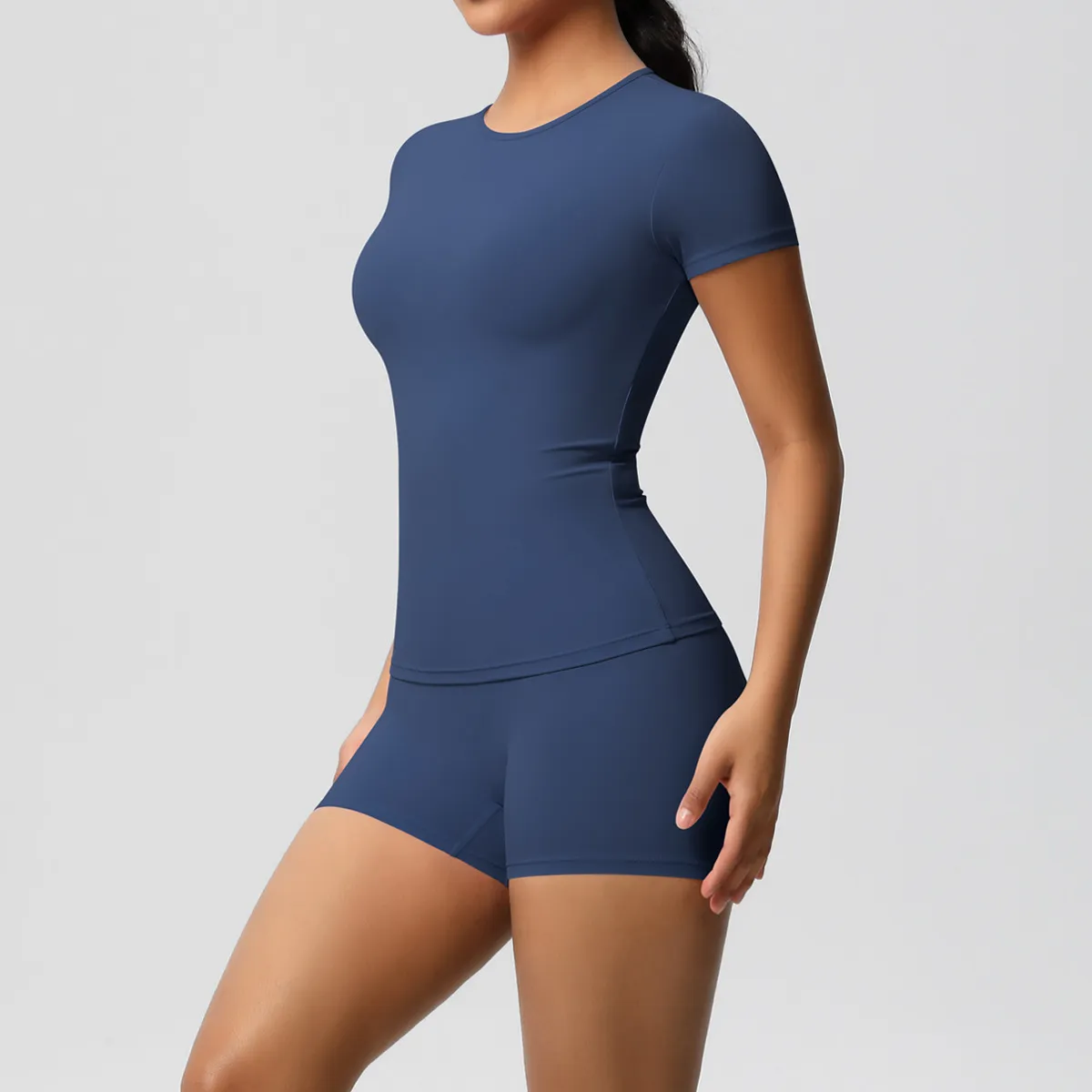 Women Fashion Casual Solid Color Short-Sleeve T-Shirt Tight Shorts Yoga Sports Two-Piece Set - Image 8