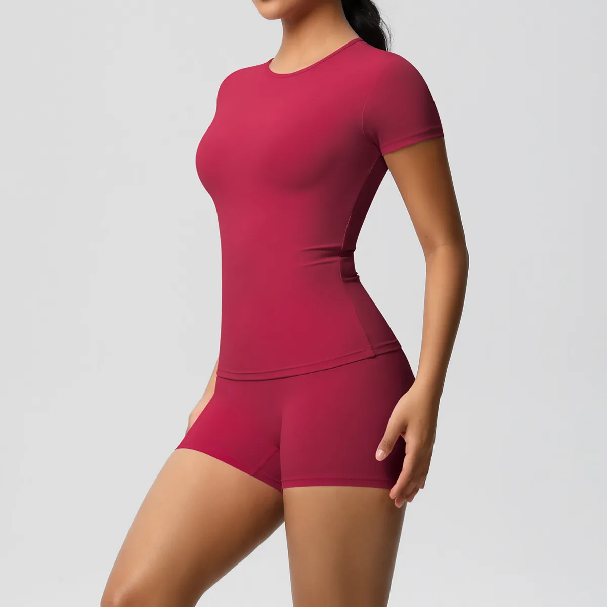 Women Fashion Casual Solid Color Short-Sleeve T-Shirt Tight Shorts Yoga Sports Two-Piece Set - Image 14