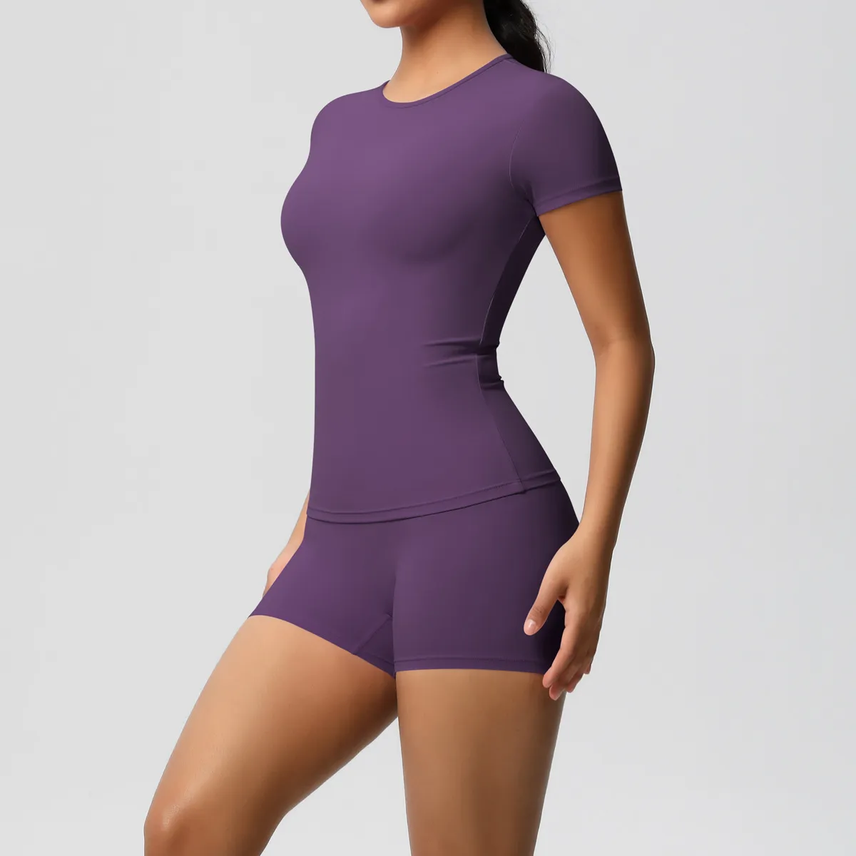 Women Fashion Casual Solid Color Short-Sleeve T-Shirt Tight Shorts Yoga Sports Two-Piece Set - Image 16