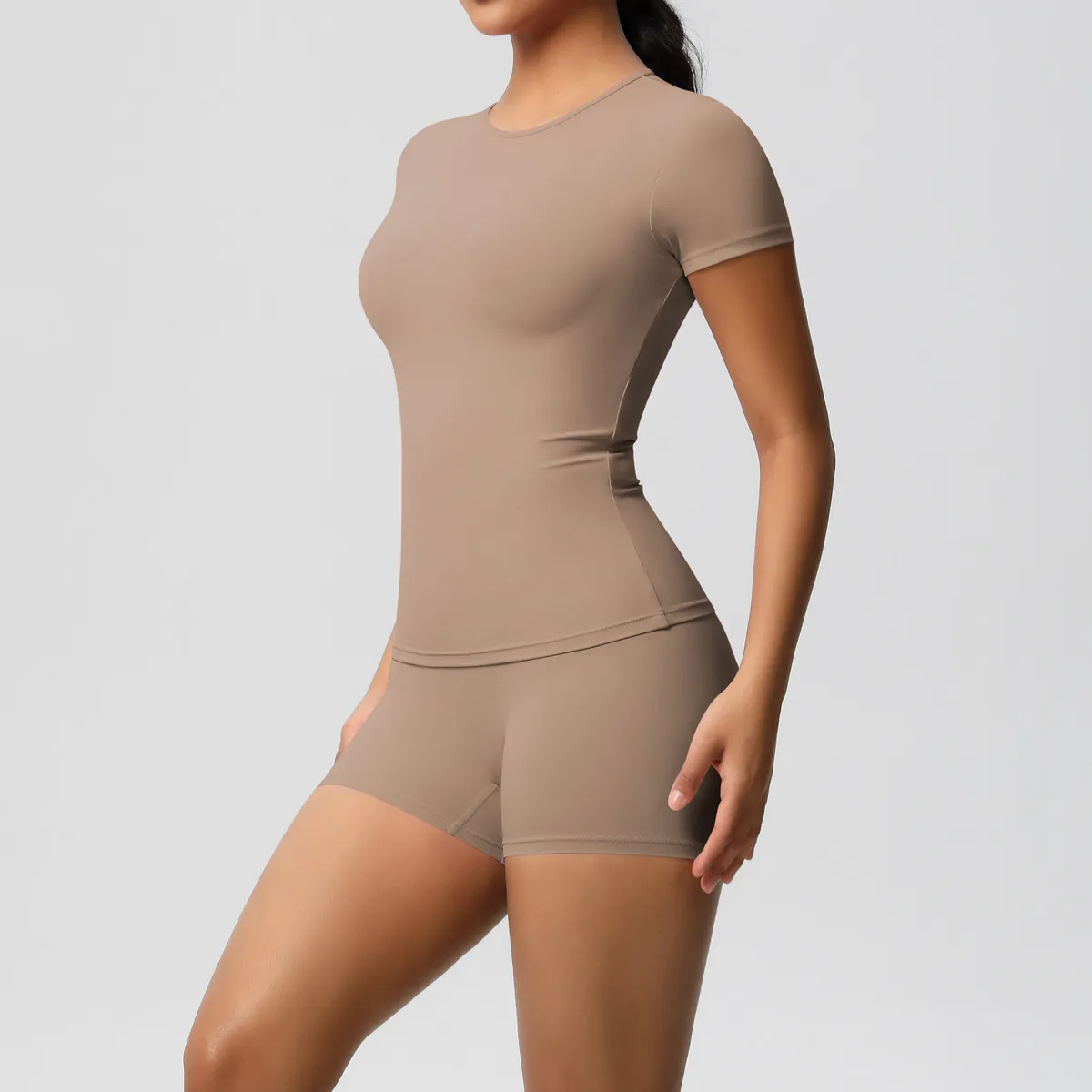 Women Fashion Casual Solid Color Short-Sleeve T-Shirt Tight Shorts Yoga Sports Two-Piece Set - Image 18