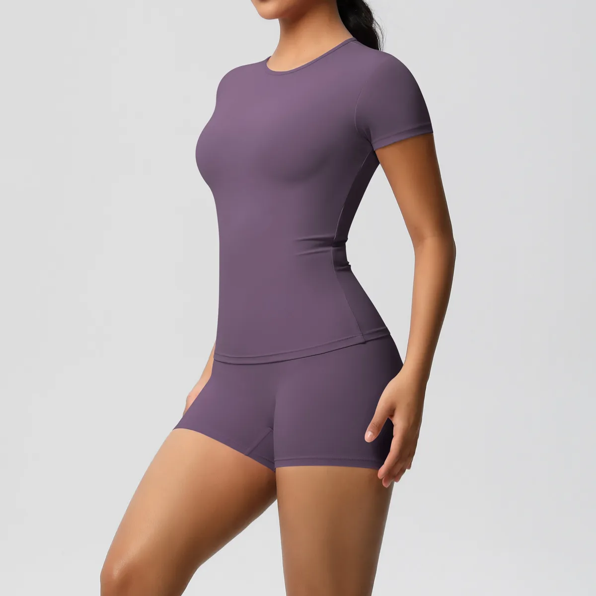 Women Fashion Casual Solid Color Short-Sleeve T-Shirt Tight Shorts Yoga Sports Two-Piece Set - Image 19