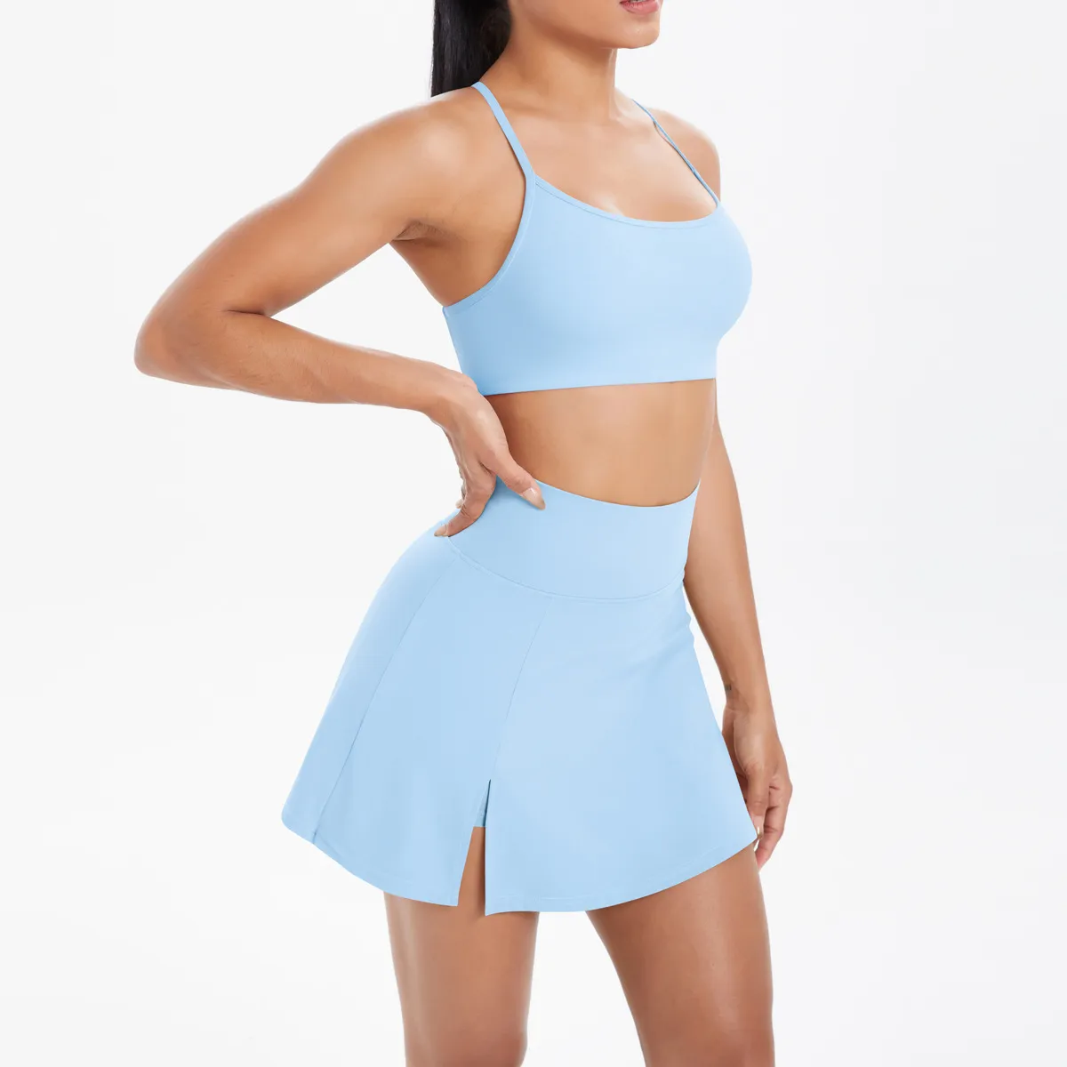 Women Fashion Casual Solid Color Backless Camisole Loose Skirts Yoga Sports Two-Piece Set - Image 3