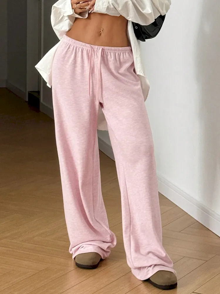 Women Fashion Casual Solid Color Lace-Up Wide Leg Loose Pants - Image 3