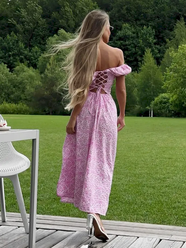 Women Fashion Sexy Floral Printed Off-Shoulder Backless Split Dress - Image 3