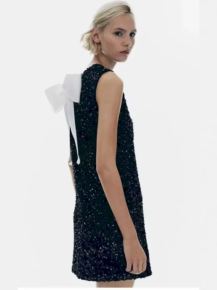 Women Fashion Elegant Solid Color Sequins Sleeveless Bowknot Lace-Up Slim Fit Dress - Image 3