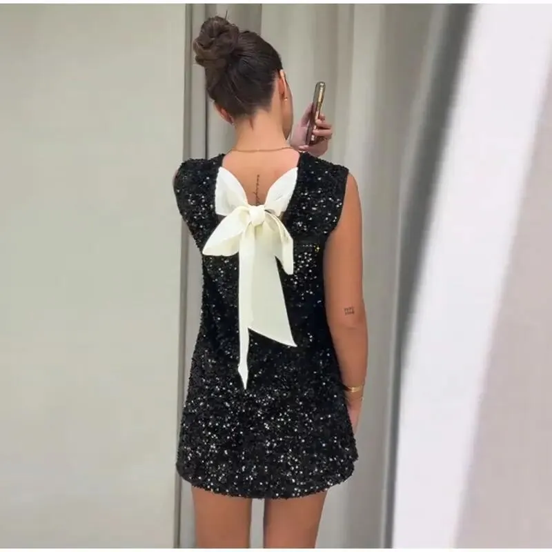 Women Fashion Elegant Solid Color Sequins Sleeveless Bowknot Lace-Up Slim Fit Dress - Image 6