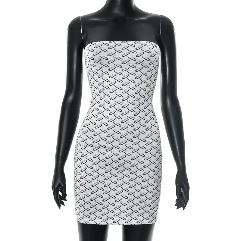 Women Fashion Sexy Geometric Print Tube Top Backless Tight Dress - Image 5