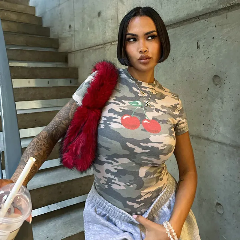 Women Fashion Camouflage Cherry Print Round Neck Short Sleeve T-Shirt