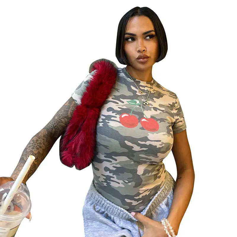 Women Fashion Camouflage Cherry Print Round Neck Short Sleeve T-Shirt - Image 5
