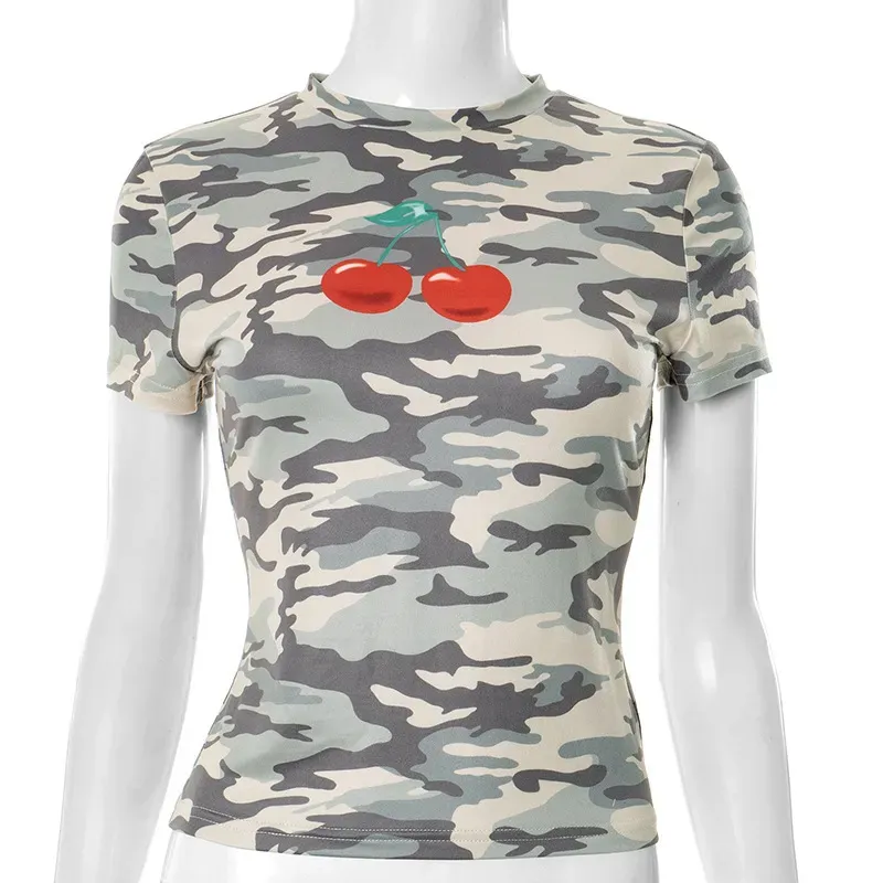 Women Fashion Camouflage Cherry Print Round Neck Short Sleeve T-Shirt - Image 6