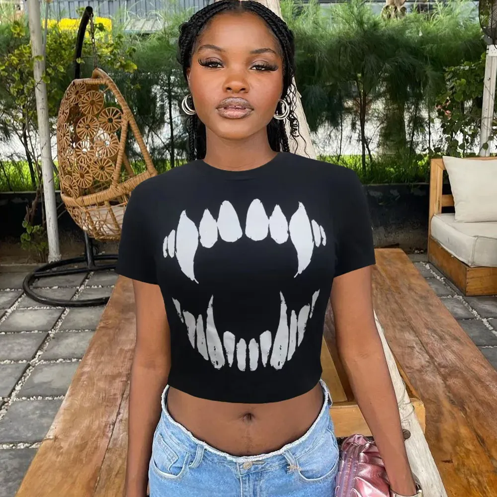 Women Fashion Summer Round Neck Printed Short-Sleeved Cropped Top T-Shirt - Image 3