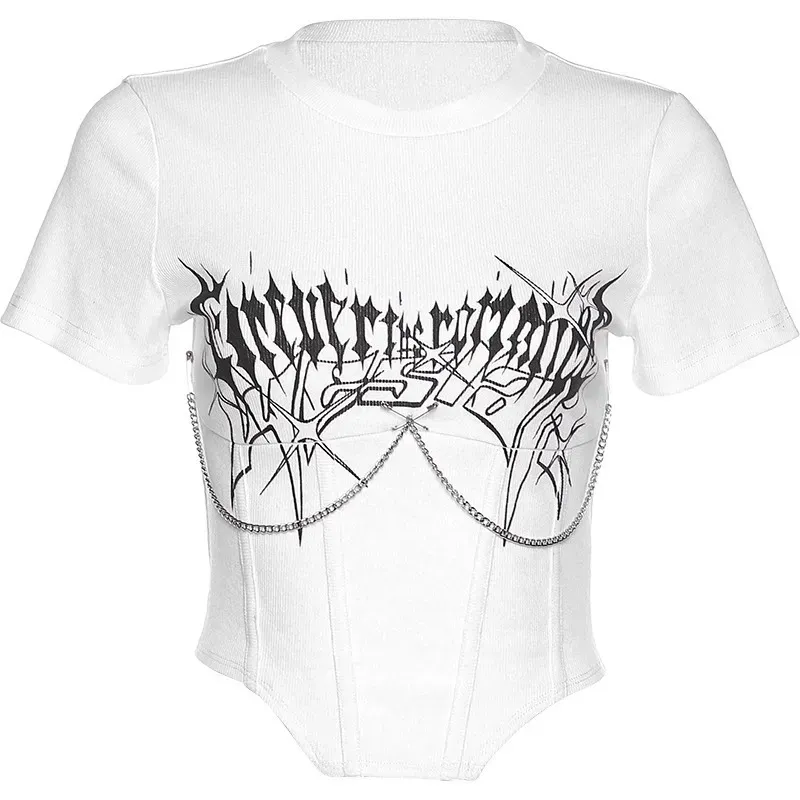 Women Fashion Sexy Printed Chain Short-Sleeve Slim-Fit Crop Top - Image 4