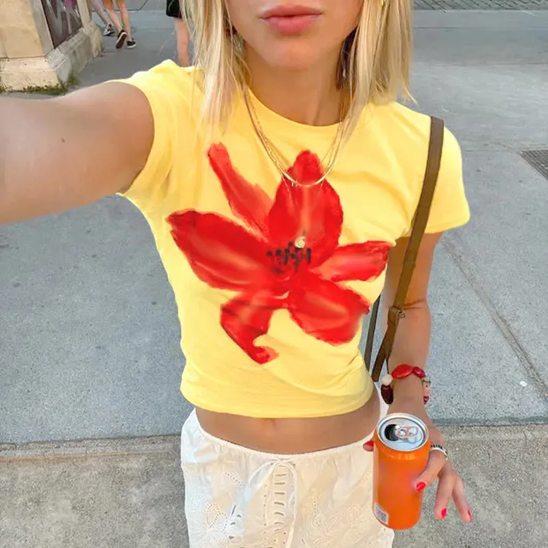 Women Fashion Cute Printed Round Neck Short-Sleeve Crop Top - Image 3