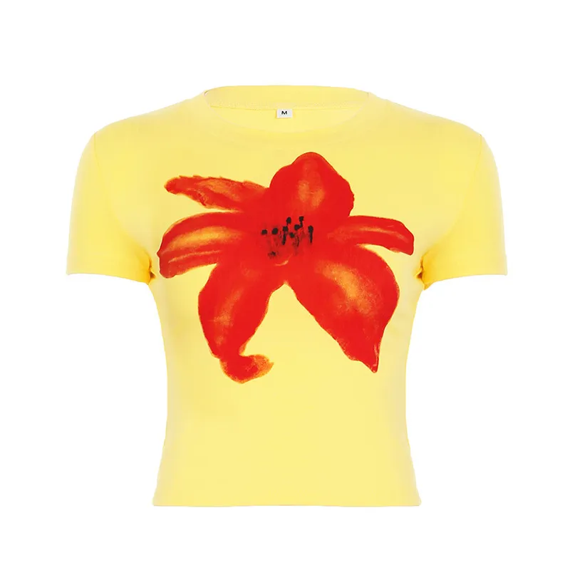 Women Fashion Cute Printed Round Neck Short-Sleeve Crop Top - Image 5