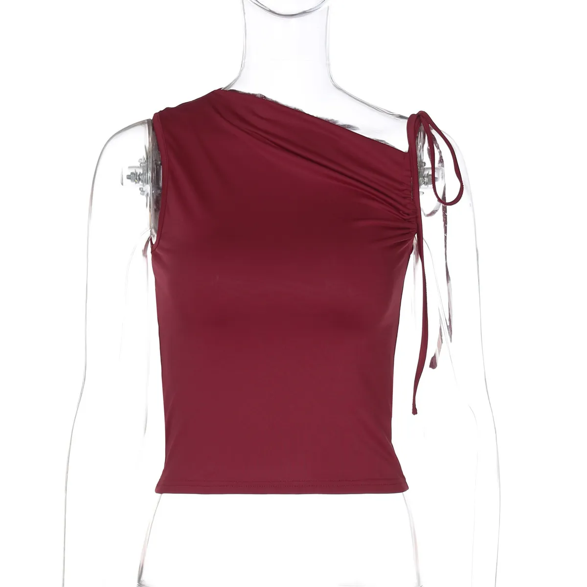 Women Fashion Sexy Solid Color Pleated Oblique Collar Sleeveless Drawstring Crop Top - Image 7