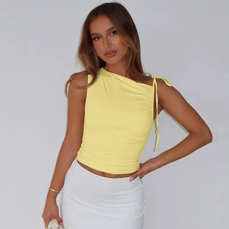 Women Fashion Sexy Solid Color Pleated Oblique Collar Sleeveless Drawstring Crop Top - Image 8