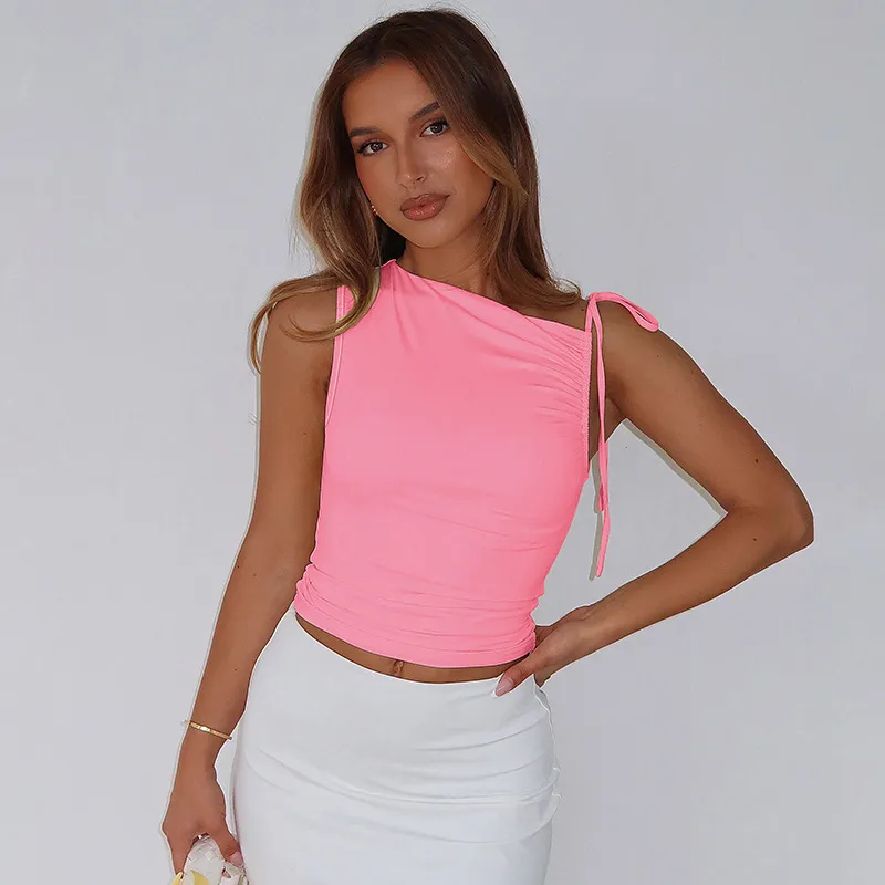 Women Fashion Sexy Solid Color Pleated Oblique Collar Sleeveless Drawstring Crop Top - Image 12