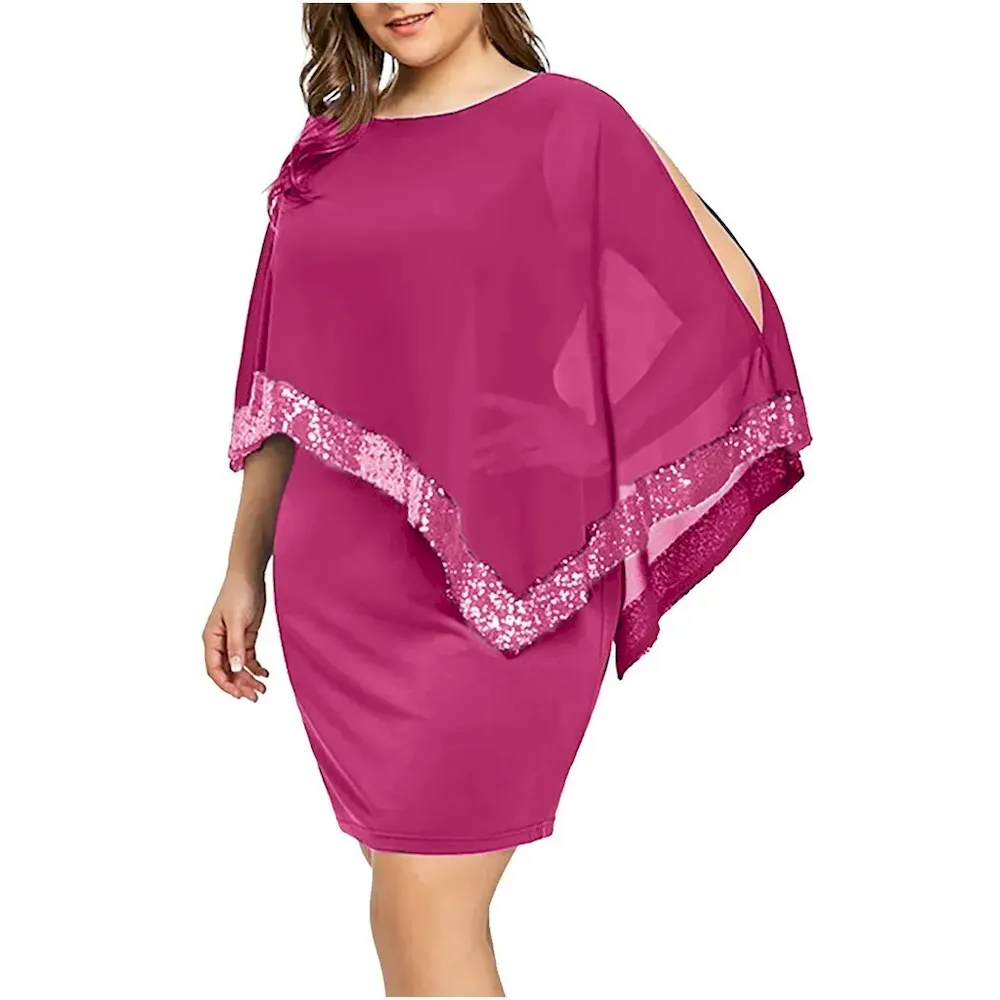 Women Fashion Irregular Plus Size Sequins Stitching Short-Sleeve Slim Fit Dress - Image 11