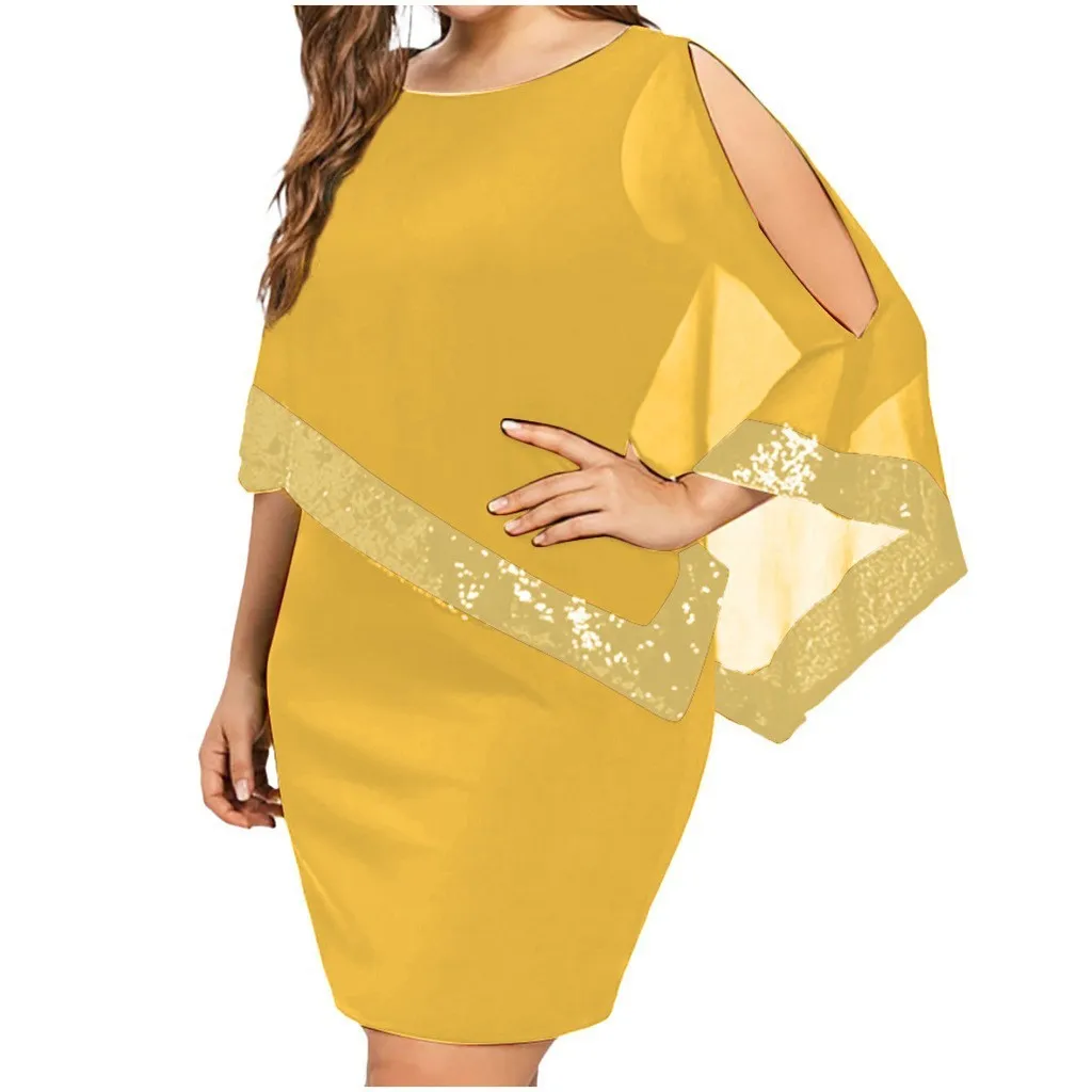 Women Fashion Irregular Plus Size Sequins Stitching Short-Sleeve Slim Fit Dress - Image 13