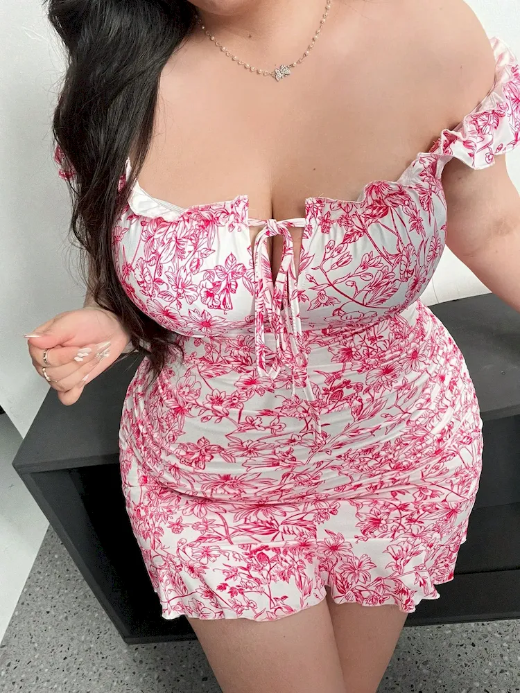 Women Fashion Sexy Plus Size Printed Off Shoulder Lace-Up Tight Dress - Image 3