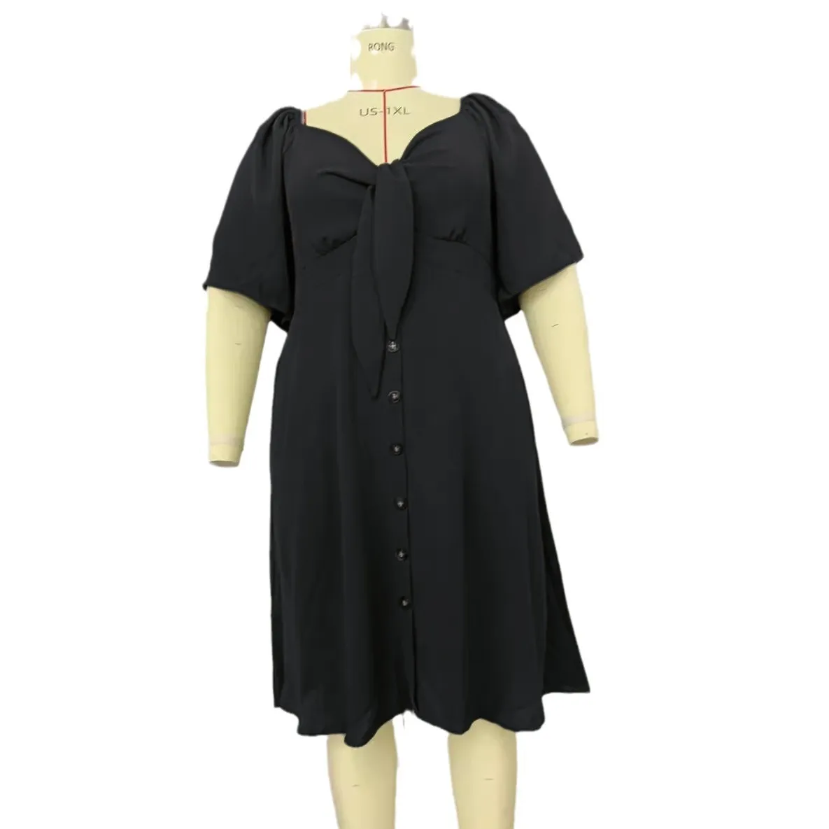 Women Fashion Plus Size Solid Color V-Neck Short Sleeve Single Breasted Dress - Image 3