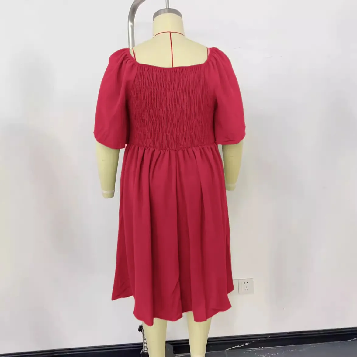 Women Fashion Plus Size Solid Color V-Neck Short Sleeve Single Breasted Dress - Image 4