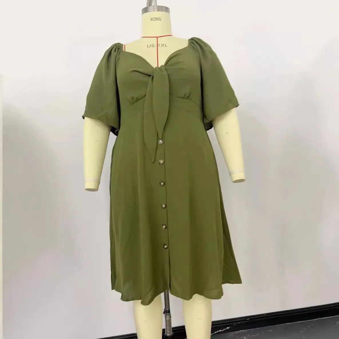Women Fashion Plus Size Solid Color V-Neck Short Sleeve Single Breasted Dress - Image 5