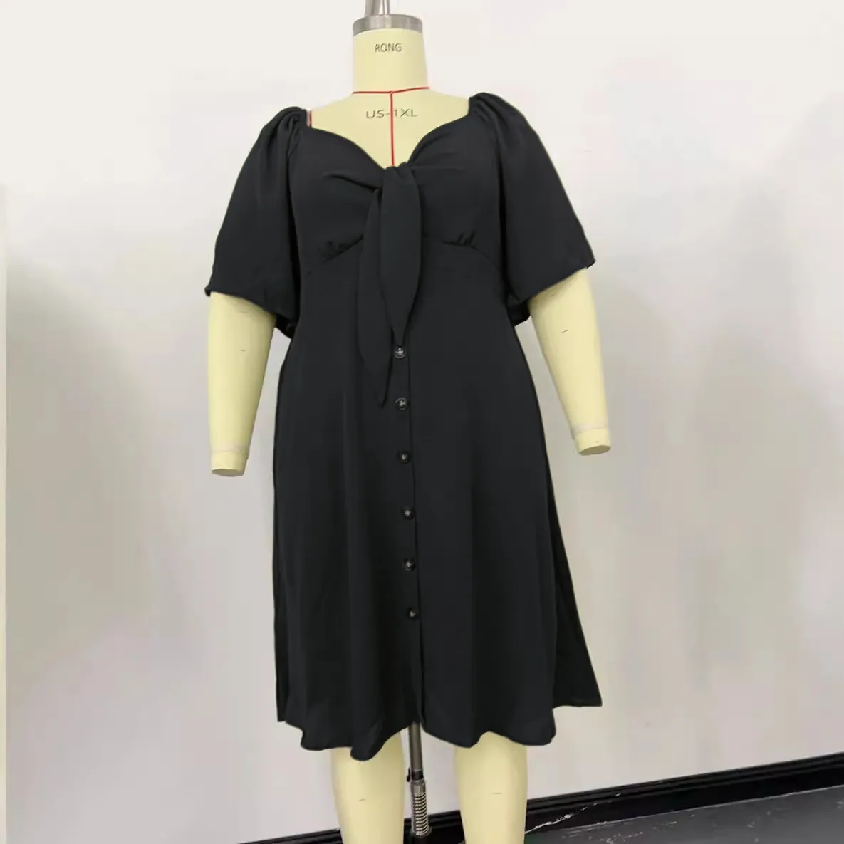 Women Fashion Plus Size Solid Color V-Neck Short Sleeve Single Breasted Dress - Image 6