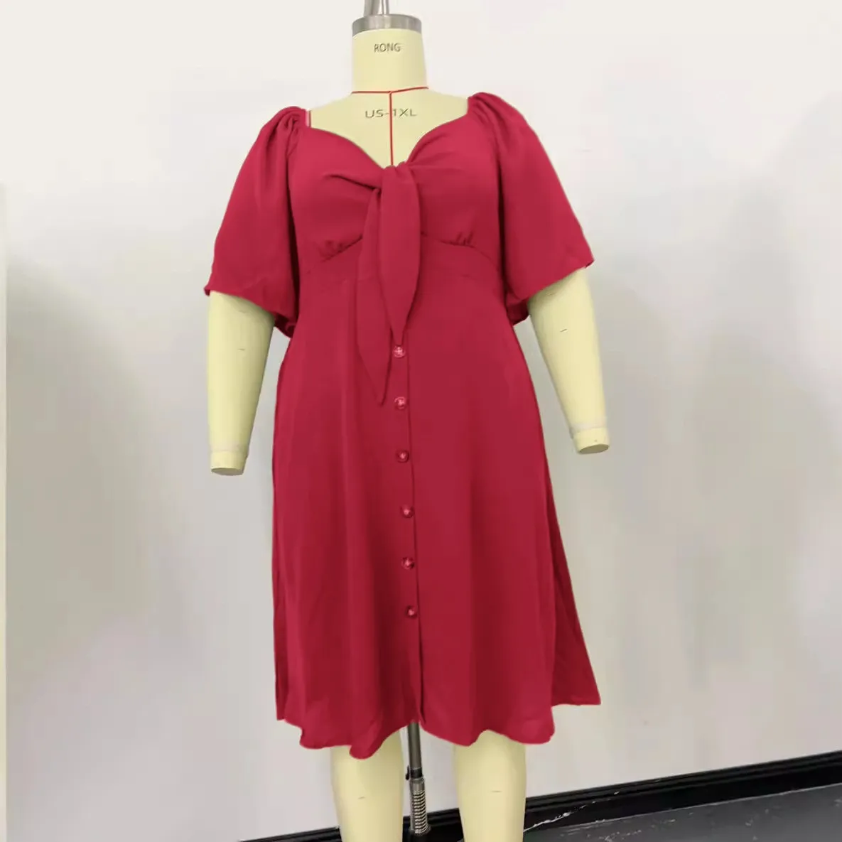 Women Fashion Plus Size Solid Color V-Neck Short Sleeve Single Breasted Dress - Image 7